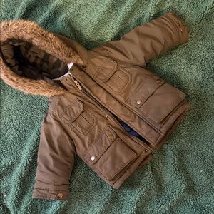 Brown Hooded Jacket with Faux Fur Trim